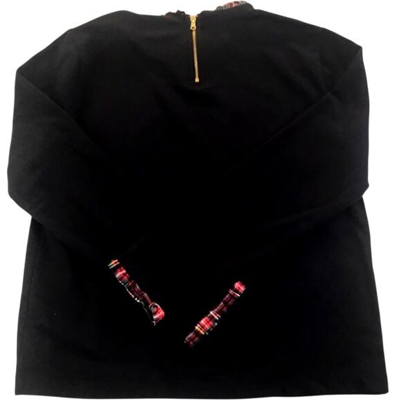 J. Crew Black Knit Top Red Plaid Collar Cuffs Size Medium - Picture 3 of 5